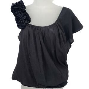 Bebe Top Black Blouse One Shoulder XS Solid Black Flower Rosette Silk Tank Y2K